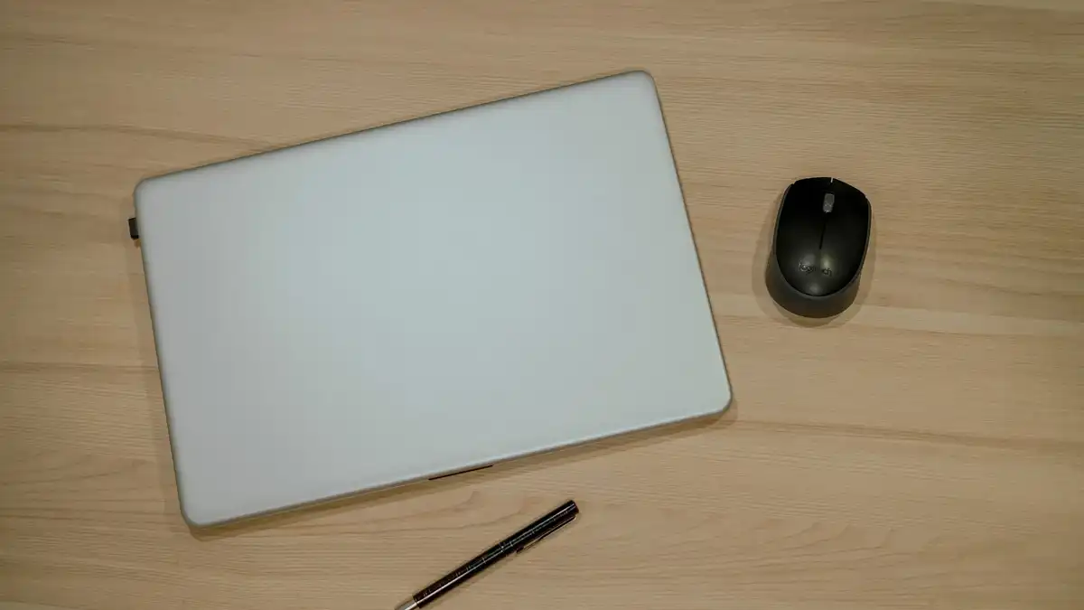 A closed white laptop, a wireless mouse and a pen on a light wooden desk, seen from above